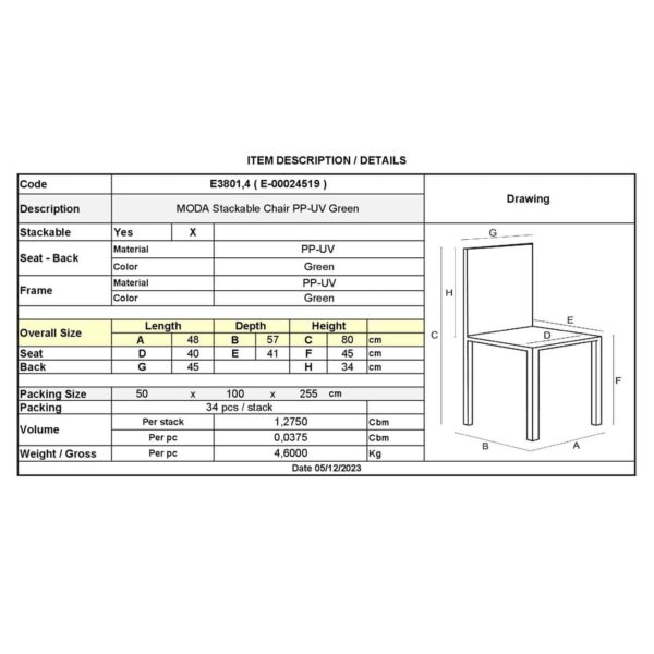 MODA Καρέκλα-Pro Στοιβαζόμενη PP - UV Protection, Απόχρωση Πράσινο 48x57x80cm - Image 6