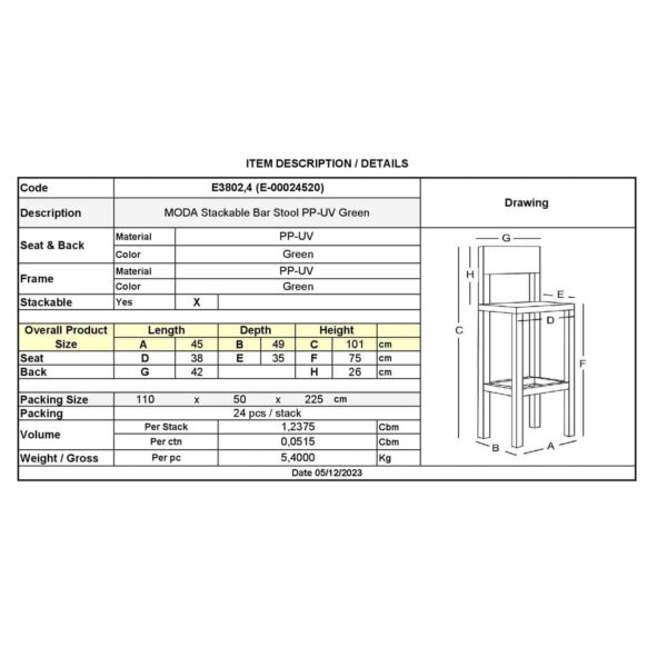 MODA Σκαμπό Bar-Pro Στοιβαζόμενο, PP-UV Protection Απόχρωση Πράσινο 45x49x75/101cm - Image 6