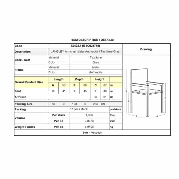 LANGLEY Πολυθρόνα Κήπου - Βεράντας, Μέταλλο Βαφή Ανθρακί Textilene Γκρι, Στοιβαζόμενη 55x68x87cm - Image 6