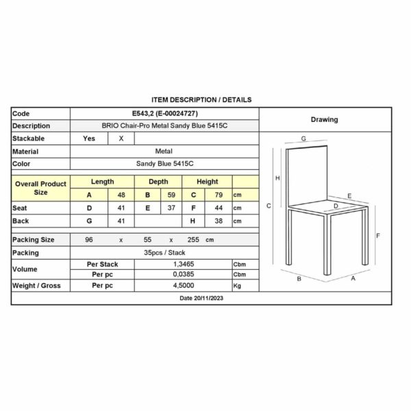 BRIO Καρέκλα-Pro Στοιβαζόμενη Μέταλλο Βαφή Sandy Blue 5415C 48x59x79cm - Image 6