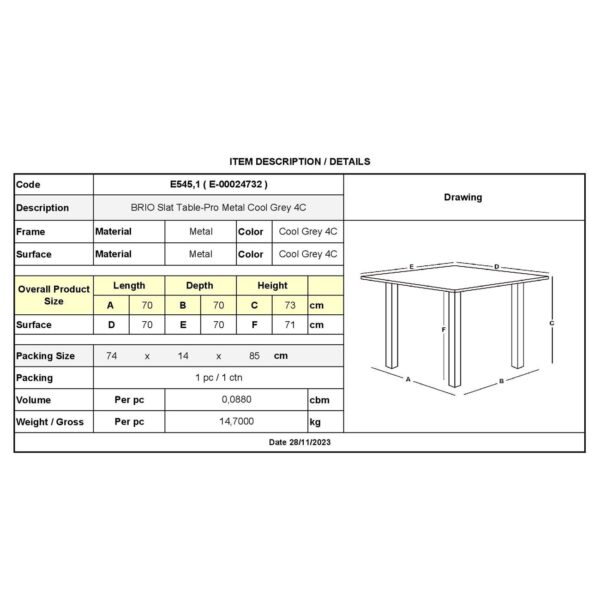 BRIO Slat Τραπέζι-Pro Κήπου - Βεράντας, Μέταλλο Βαφή Cool Grey 4C 70x70x73cm - Image 6