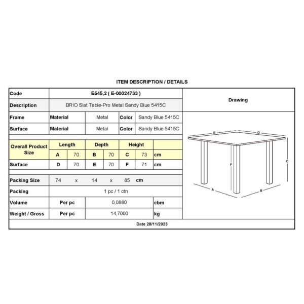 BRIO Slat Τραπέζι-Pro Κήπου - Βεράντας, Μέταλλο Βαφή Sandy Blue 5415C 70x70x73cm - Image 6