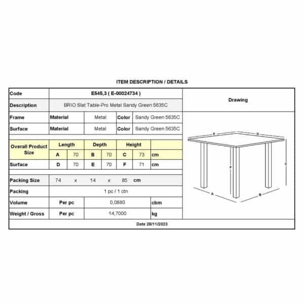 BRIO Slat Τραπέζι-Pro Κήπου - Βεράντας, Μέταλλο Βαφή Sandy Green 5635C 70x70x73cm - Image 6