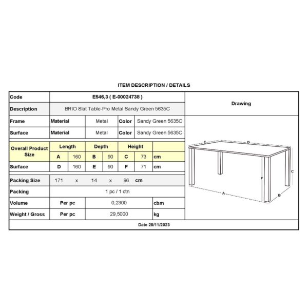 BRIO Slat Τραπέζι-Pro Κήπου - Βεράντας, Μέταλλο Βαφή Sandy Green 5635C 160x90x73cm - Image 6