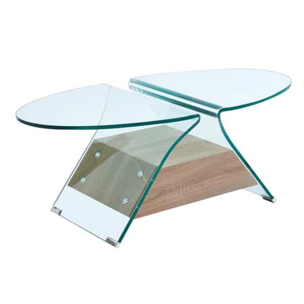 GLASSER Wood Τραπεζάκι Σαλονιού Oval, Διάφανο Γυαλί 12mm, Ράφι Απόχρωση Δρυς 100x54x39cm - Image 4