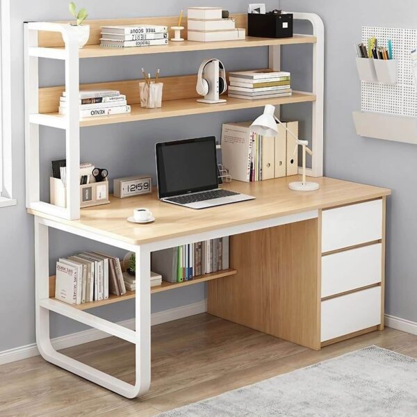 ΓΡΑΦΕΙΟ Η/Υ 3 Συρτάρια 3 Ράφια Μέταλλο Βαφή Άσπρο, MDF Απόχρωση Φυσικό 120x50x74/147cm - Image 4