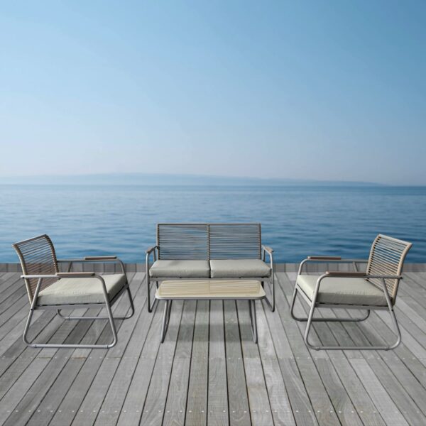 ROCCO Set Σαλόνι Κήπου 4τεμ, Μέταλλο Μπεζ, Rope Wicker Μπεζ, Μαξιλ.Μπεζ, Γυαλί Μπεζ 2 Πολυθρ+1 Καναπ+1 Τραπεζάκι - Image 6