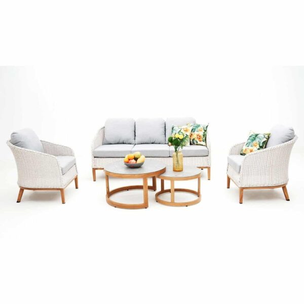 IBIZA Set Σαλόνι Κήπου: 3θέσιο +2 Πολυθρόνες+2 Τραπεζάκια ALU Φυσικό-Wicker Άσπρο-Μαξιλ.Γκρι 182x78x79-66x78x79-Φ80-Φ60cm - Image 6