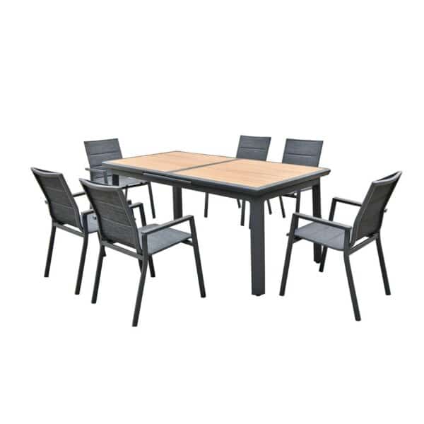 NAPOLI Set Dining ALU Κήπου: 6 Πολυθρόνες + Τραπέζι Επεκτ/νο Μαύρο-Καρυδί-Textilene Ανθρακί Tab:186+60x95x77Chair:59x62x90 - Image 4