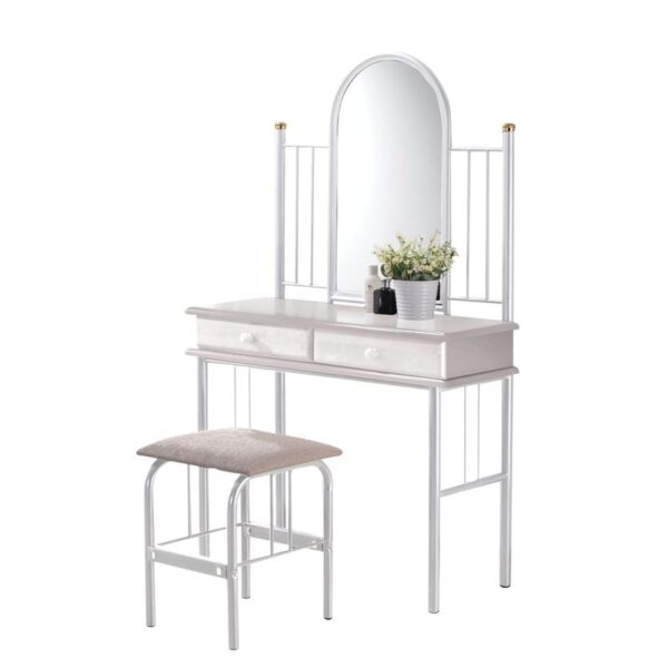 FLORA SET Τουαλέτα με Καθρέπτη + Σκαμπό 2 Συρτάρια, Μέταλλο Βαφή Άσπρο, Ξύλο Άσπρο 90x37x148cm - Stool:40x34x47cm - Image 3