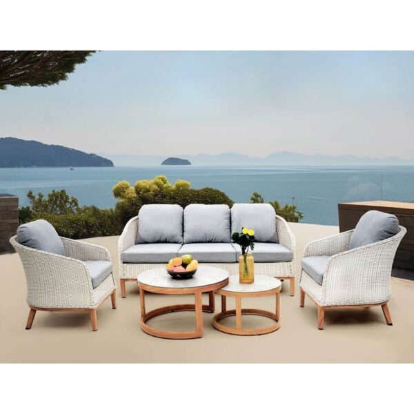 IBIZA Set Σαλόνι Κήπου: 3θέσιο +2 Πολυθρόνες+2 Τραπεζάκια ALU Φυσικό-Wicker Άσπρο-Μαξιλ.Γκρι 182x78x79-66x78x79-Φ80-Φ60cm - Image 4
