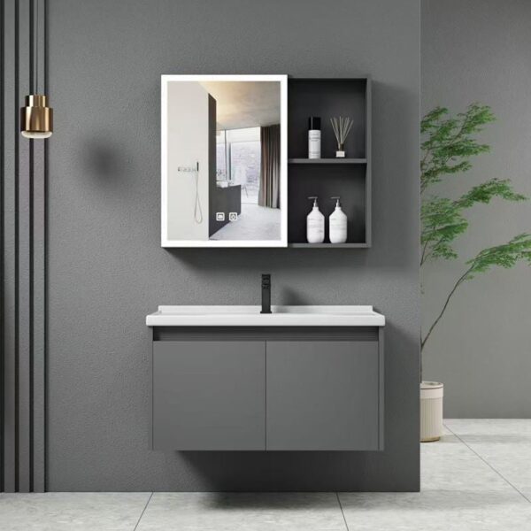 IDEA-1 Set Έπιπλο Κρεμαστό Μπάνιου Γκρι, Καθρέπτης LED + Πάγκος με Νιπτήρα και Μπαταρία Up:55x11x60cm Down:60x47x45cm - Image 3