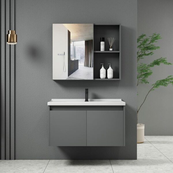 IDEA-1 Set Έπιπλο Κρεμαστό Μπάνιου Γκρι, Καθρέπτης + Πάγκος με Νιπτήρα και Μπαταρία Up:55x11x60cm Down:60x47x45cm - Image 3