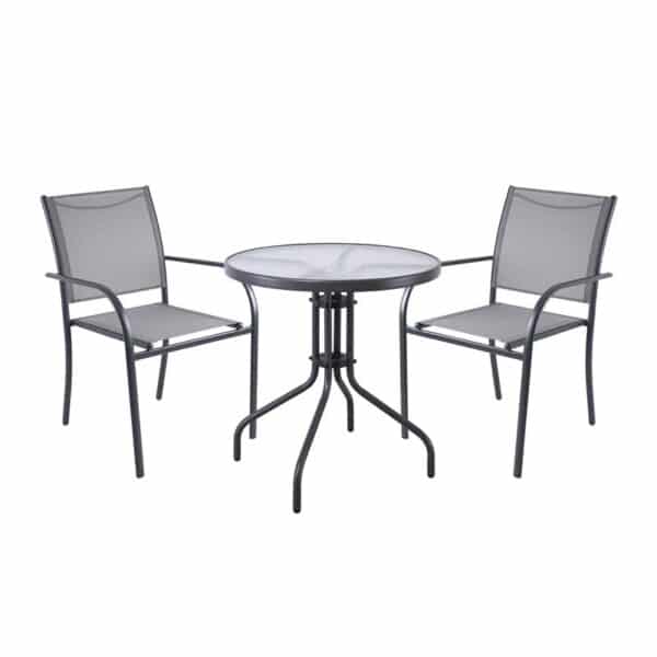 LANGLEY Set Κήπου: Τραπέζι + 2 Πολυθρόνες Στοιβαζόμενες Μέταλλο Ανθρακί,Textilene Γκρι Table:Φ60x70cm Chair:55x68x87 - Image 3