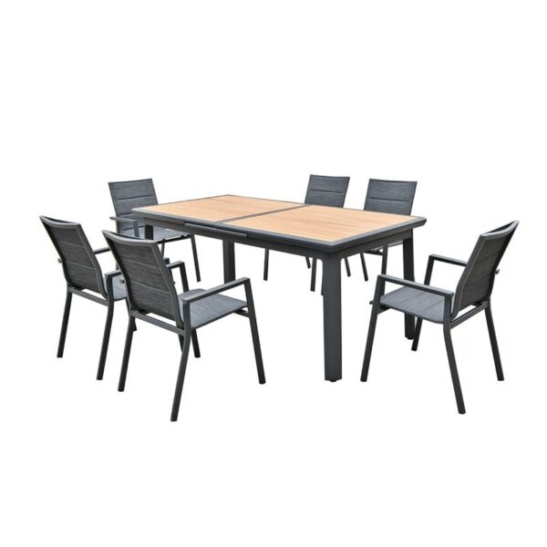 NAPOLI Set Dining ALU Κήπου: 6 Πολυθρόνες + Τραπέζι Επεκτ/νο Μαύρο-Καρυδί-Textilene Ανθρακί Tab:186+60x95x77Chair:59x62x90 - Image 3
