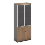 PROLINE Βιβλιοθήκη Γραφείου, 3 Ράφια Πόρτες Γυαλί, Ντουπάπι, Απόχρωση Καρυδί Δρυς - Μαύρο 80x40x200cm - Image 3