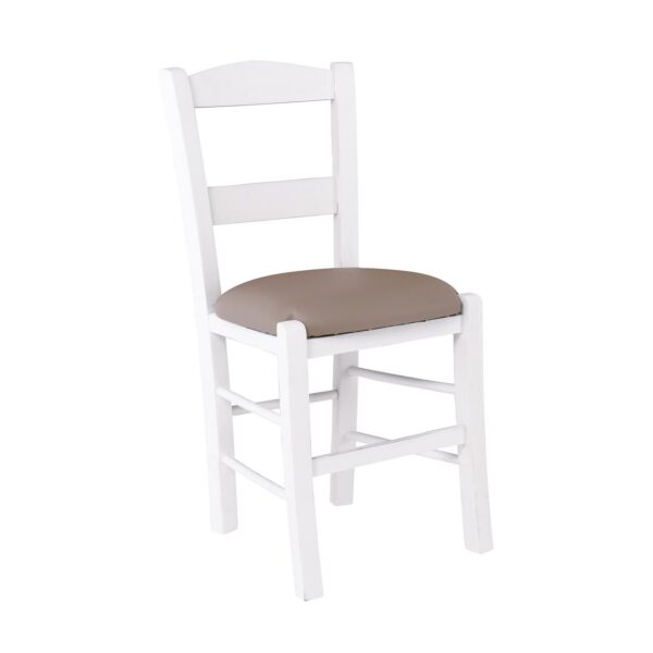 ΣΥΡΟΣ Καρέκλα Οξιά Βαφή Εμποτισμού Λάκα Άσπρο, Κάθισμα Pu Cappuccino 41x45x88cm - Image 4
