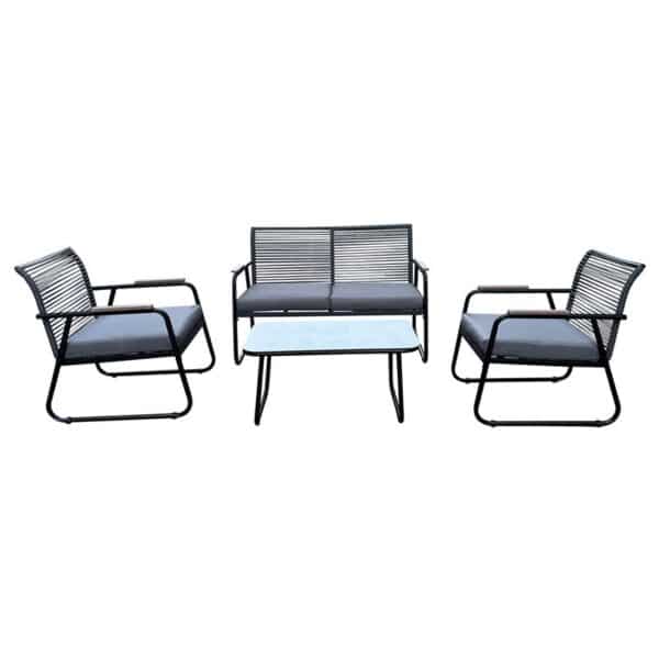 ROCCO Set Σαλόνι Κήπου 4τεμ, Μέταλλο Μαύρο,RopeWicker Γκρι, Μαξιλ.Σκούρο Γκρι, Γυαλί Μαύρο 2 Πολυθρ+1 Καναπ+1 Τραπεζάκι - Image 4