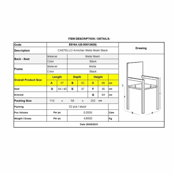 CASTELLO Πολυθρόνα Μέταλλο Mesh Βαφή Μαύρο, Στοιβαζόμενη 57x62x89cm - Image 9