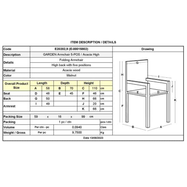 GARDEN Πολυθρόνα Βεράντας - Κήπου, Ξύλο Ακακία, Ψηλή Πλάτη 5 Θέσεων, Πτυσσόμενη, Καρυδί 58x70x110cm - Image 21