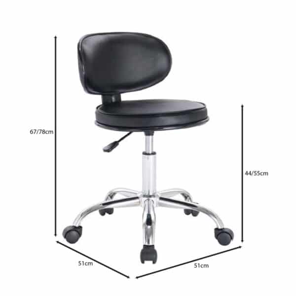 GLORY Σκαμπό με Πλάτη, Χρώμιο PU Μαύρο, Τροχήλατο, Ρύθμιση Ύψους, Περιστρεφόμενο 51x51x67/78cm - Image 3