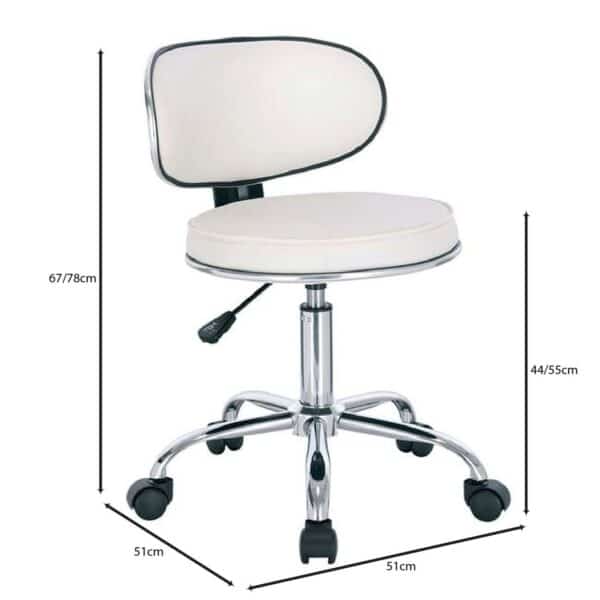 GLORY Σκαμπό με Πλάτη, Χρώμιο PU Άσπρο, Τροχήλατο, Ρύθμιση Ύψους, Περιστρεφόμενο 51x51x67/78cm - Image 6