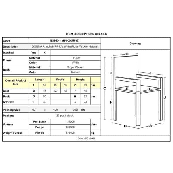 DONNA Πολυθρόνα-Pro Στοιβαζόμενη, PP-UV Άσπρο, Rope Wicker Φυσικό 57x55x79cm - Image 6