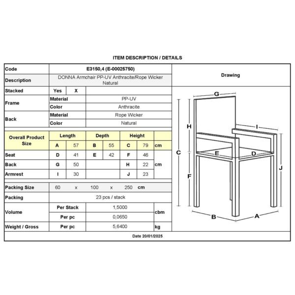 DONNA Πολυθρόνα-Pro Στοιβαζόμενη, PP-UV Ανθρακί, Rope Wicker Φυσικό 57x55x79cm - Image 5