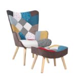 ALMA Πολυθρόνα - Μπερζέρα με Σκαμπό - Υποπόδιο Φυσικό Ύφασμα Patchwork, K/D 69x76x97cm / 52x38x35cm - Image 5