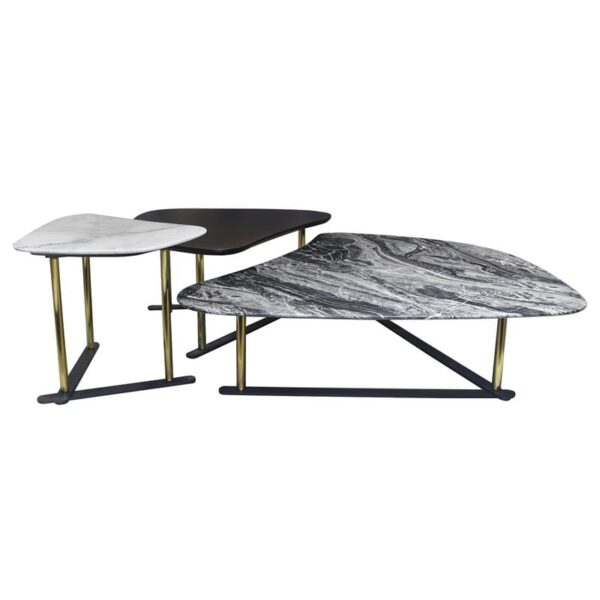BARRY Set-3 Τραπεζ.Σαλονιού, Μέταλλο Βαφή Χρυσό,Επιφάνειες: Ξύλο Καρυδί+Μάρμαρα Άσπρο-Γκρι 48x61x51/69x88x42/130x103x33cm - Image 5