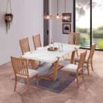 COMET Set Τραπεζαρία Ξύλινη: Τραπέζι+6 Καρέκλες, Φυσικό με Mdf Άσπρο Μάρμαρο,Ύφασμα Άσπρο Table200x100x77-Chair49x60x100 - Image 5