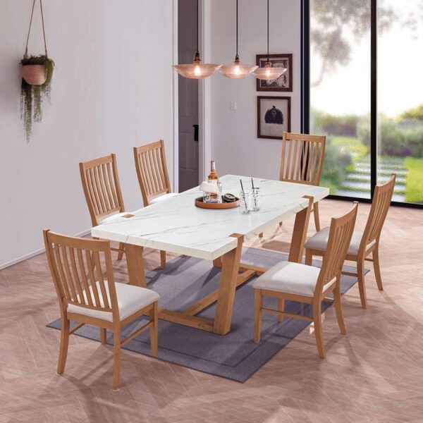 COMET Set Τραπεζαρία Ξύλινη: Τραπέζι+6 Καρέκλες, Φυσικό με Mdf Άσπρο Μάρμαρο,Ύφασμα Άσπρο Table200x100x77-Chair49x60x100 - Image 5