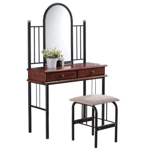 FLORA SET Τουαλέτα με Καθρέπτη + Σκαμπό 2 Συρτάρια, Μέταλλο Βαφή Μαύρο, Ξύλο Καρυδί 90x37x148cm - Stool:40x34x47cm - Image 8