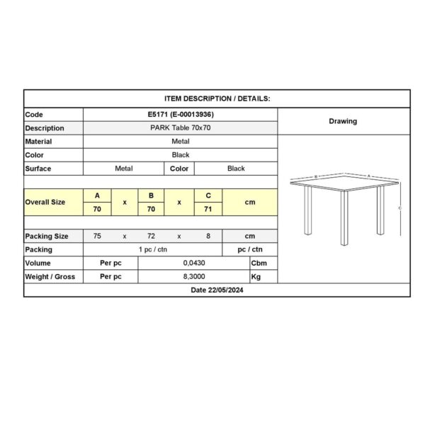 PARK Τραπέζι Μέταλλο Βαφή Μαύρο 70x70x71cm - Image 12