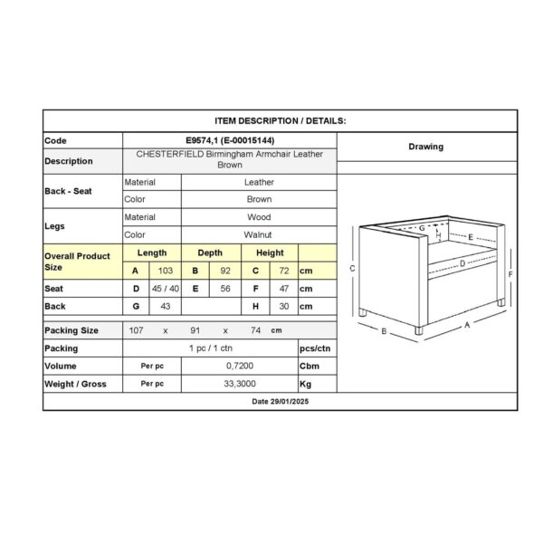 CHESTERFIELD Birmingham Πολυθρόνα Σαλονιού Καθιστικού,Δέρμα Απόχρωση Καφέ 103x92x72cm - Image 12