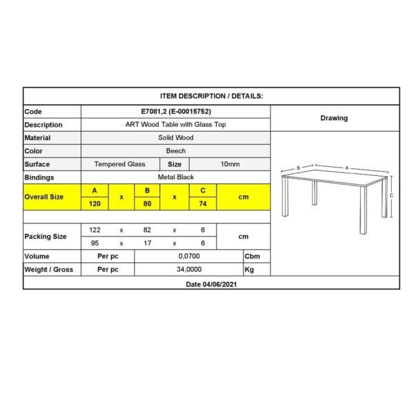 ART Wood Τραπέζι Κουζίνας Τραπεζαρίας, Οξιά Φυσικό, Επιφάνεια Γυαλί 120x80x74cm - Image 12