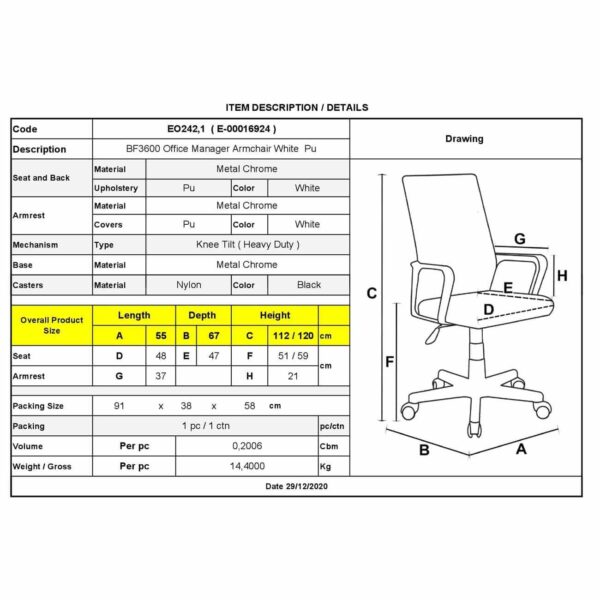 BF3600 Πολυθρόνα Διευθυντή Μέταλλο Βάση Χρώμιο, PU Άσπρο 55x67x112/120cm - Image 12