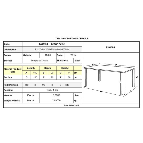 RIO Τραπέζι Κήπου - Βεράντας, Μέταλλο Βαφή  Άσπρο, Γυαλί 150x90x71cm - Image 9