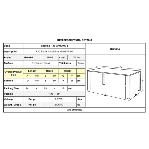 RIO Τραπέζι Κήπου - Βεράντας, Μέταλλο Βαφή Άσπρο, Γυαλί 140x80x71cm - Image 9