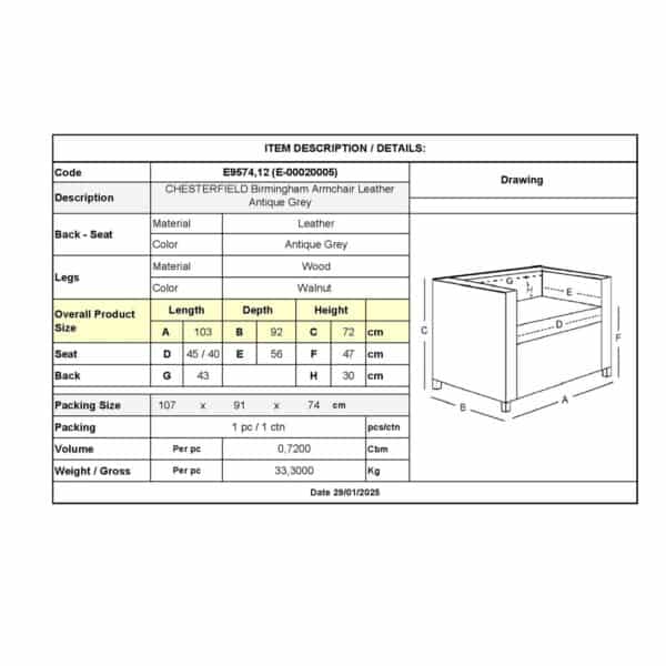 CHESTERFIELD Birmingham Πολυθρόνα Σαλονιού Καθιστικού, Δέρμα Antique Grey 103x92x72cm - Image 9