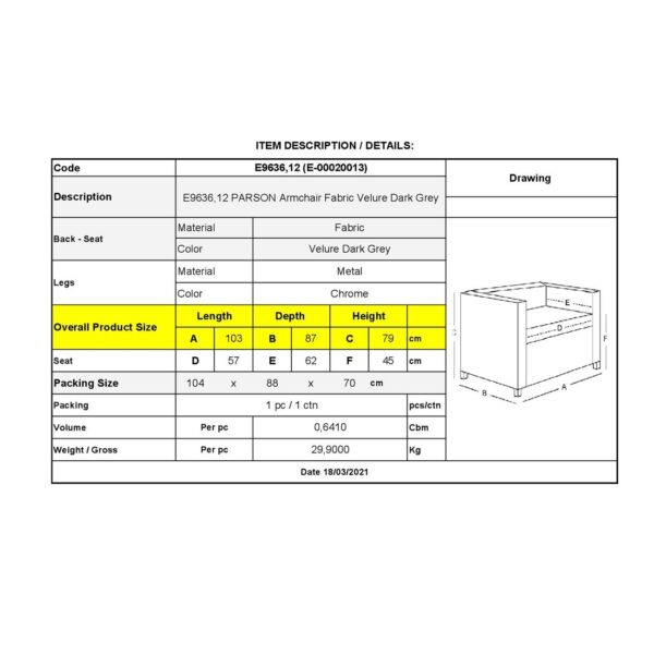 PARSON Πολυθρόνα Σαλονιού - Καθιστικού, Ύφασμα Velure Απόχρωση Σκούρο Γκρι 103x87x79cm - Image 9