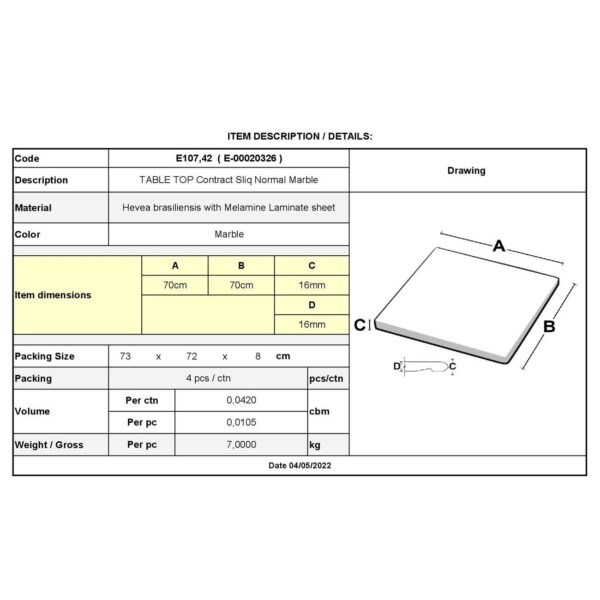 Contract Sliq Normal Επιφάνεια Τραπεζιού τ.Werzalit, Απόχρωση Marble 70x70cm/16mm - Image 18