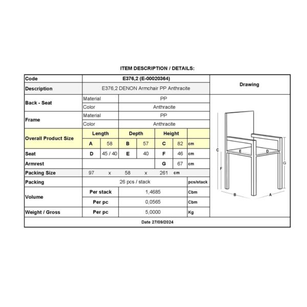 DENON Πολυθρόνα Στοιβαζόμενη PP-UV Ανθρακί 58x57x82cm - Image 21