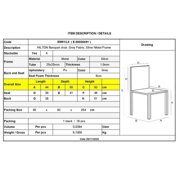 HILTON Καρέκλα Μέταλλο Βαφή Silver, Ύφασμα Γκρι 44x55x93cm - Image 18