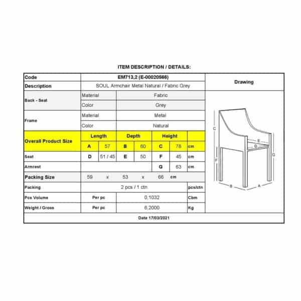 SOUL Πολυθρόνα Τραπεζαρίας Σαλονιού - Κουζίνας, Μέταλλο Βαφή Φυσικό, Ύφασμα Γκρι 57x60x78cm - Image 18