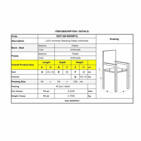 LIDO Πολυθρόνα Τραπεζαρίας Κήπου - Βεράντας Στοιβαζόμενη, PP Απόχρωση Ανθρακί 58x57x81cm - Image 12