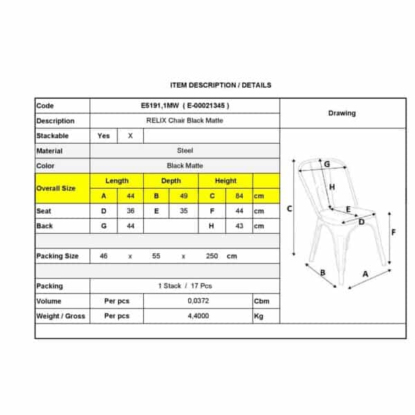 RELIX Καρέκλα Στοιβαζόμενη, Μέταλλο Βαφή Μαύρο Extra Matte 44x49x84cm - Image 18