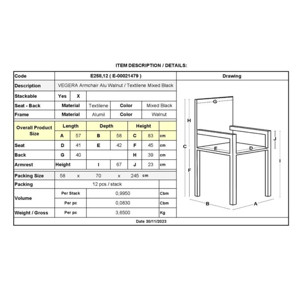 VEGERA Πολυθρόνα Dining Αλουμίνιο Βαφή Καρυδί Textilene Μαύρο, Στοιβαζόμενη 57x58x83cm - Image 18