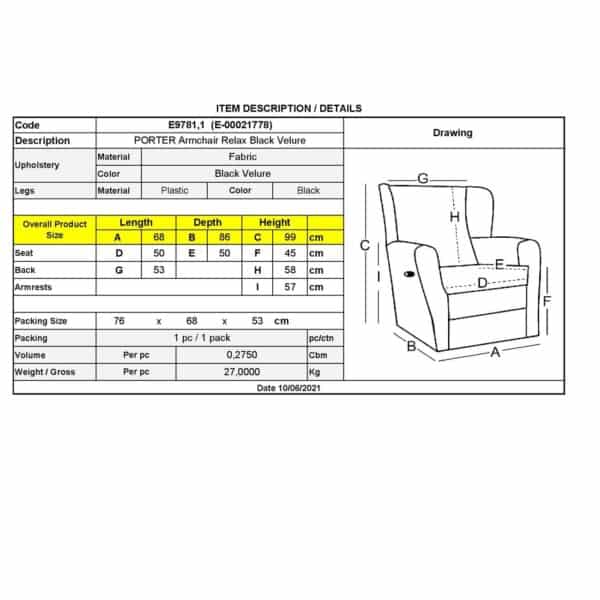PORTER Πολυθρόνα Relax Σαλονιού - Καθιστικού Μαύρο Velure 68x86x99cm - Image 12