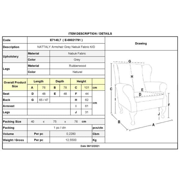 NATTALY Πολυθρόνα - Μπερζέρα K/D, Ύφασμα Nabuk Γκρι 76x78x101cm - Image 9